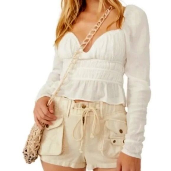 NWT FREE PEOPLE Chloe Ivory Cropped Peplum Smocked Peasant Top M - Picture 1 of 6